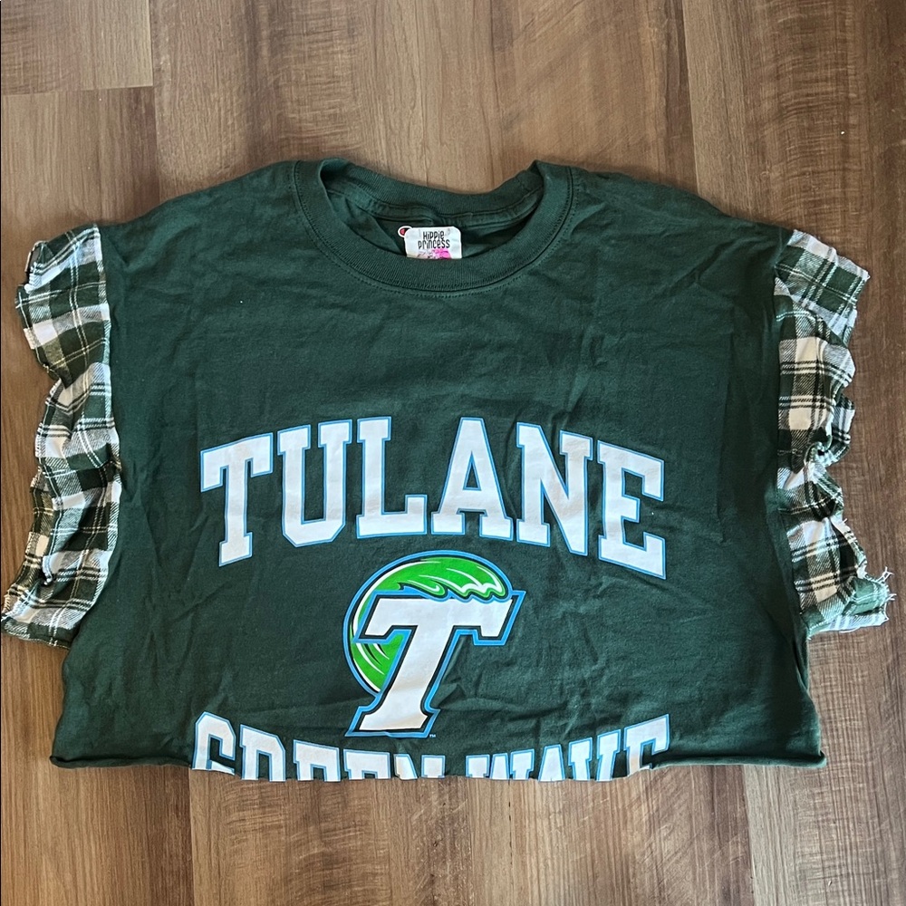 Tulane repurposed Champion Brand cropped t shirt with Plaid Sleeves OSFA